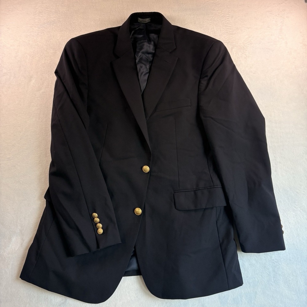 Jos A Bank Mens Navy Blue Two Button Blazer Gold Tone Crest Buttons Jacket